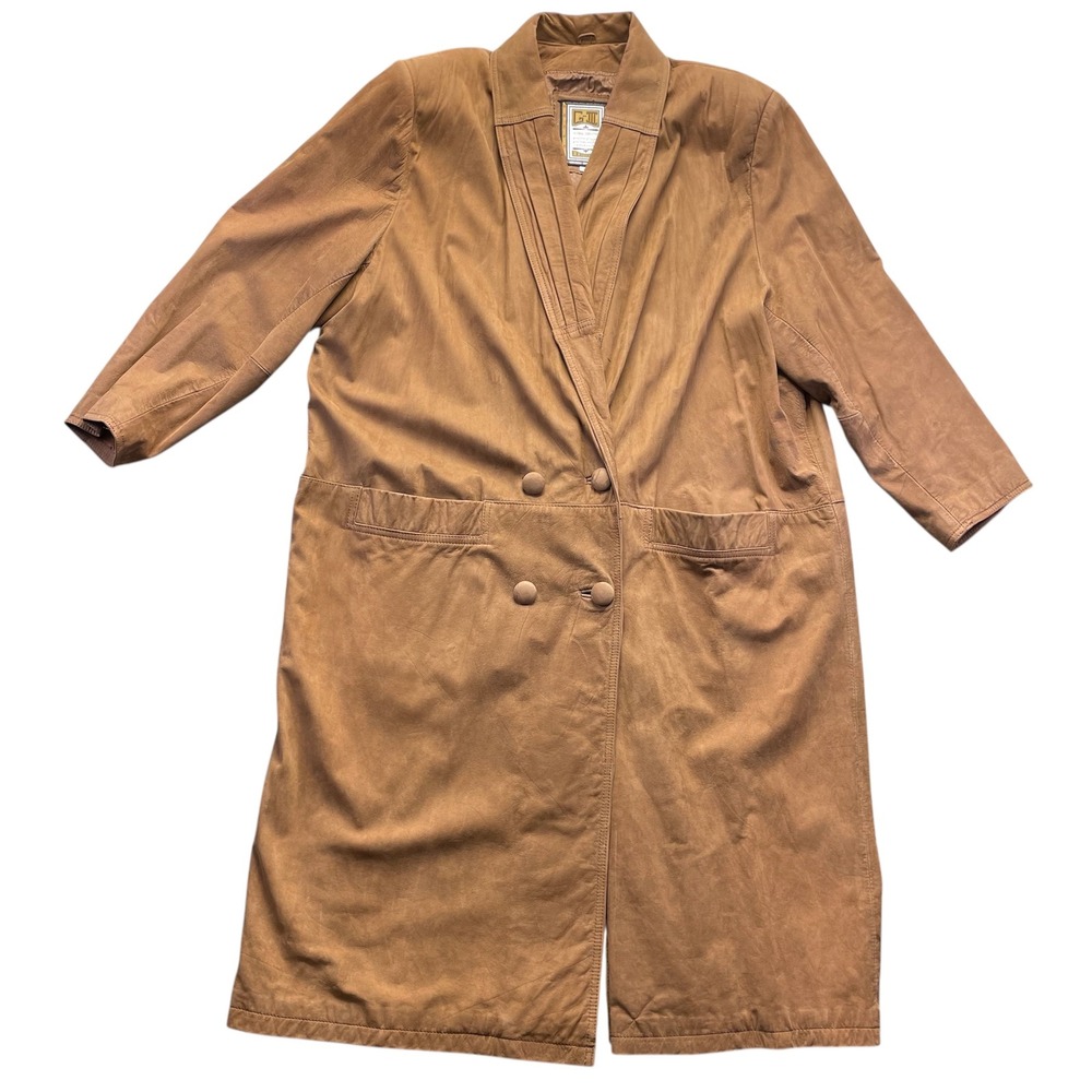 G-III Women Duster Coat Brown Leather 2X Vintage 90s Minimalist Trench